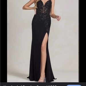Camille La Vie  Black Velvet Lace Beaded Maxi Formal Dress with Slit Prom Dress